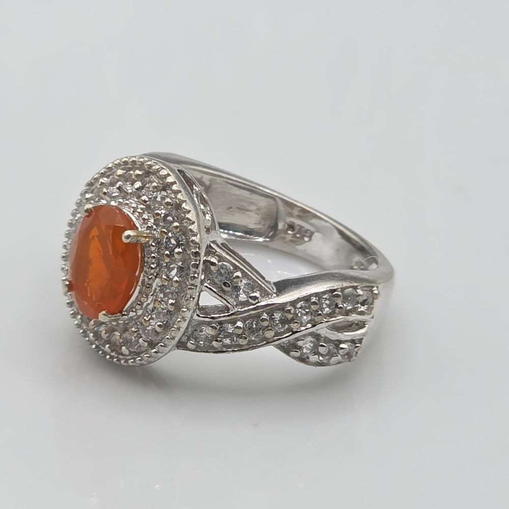 Designer Signed Mexican Fire Opal And White Topaz Halo Ring - Picture 4 of 8